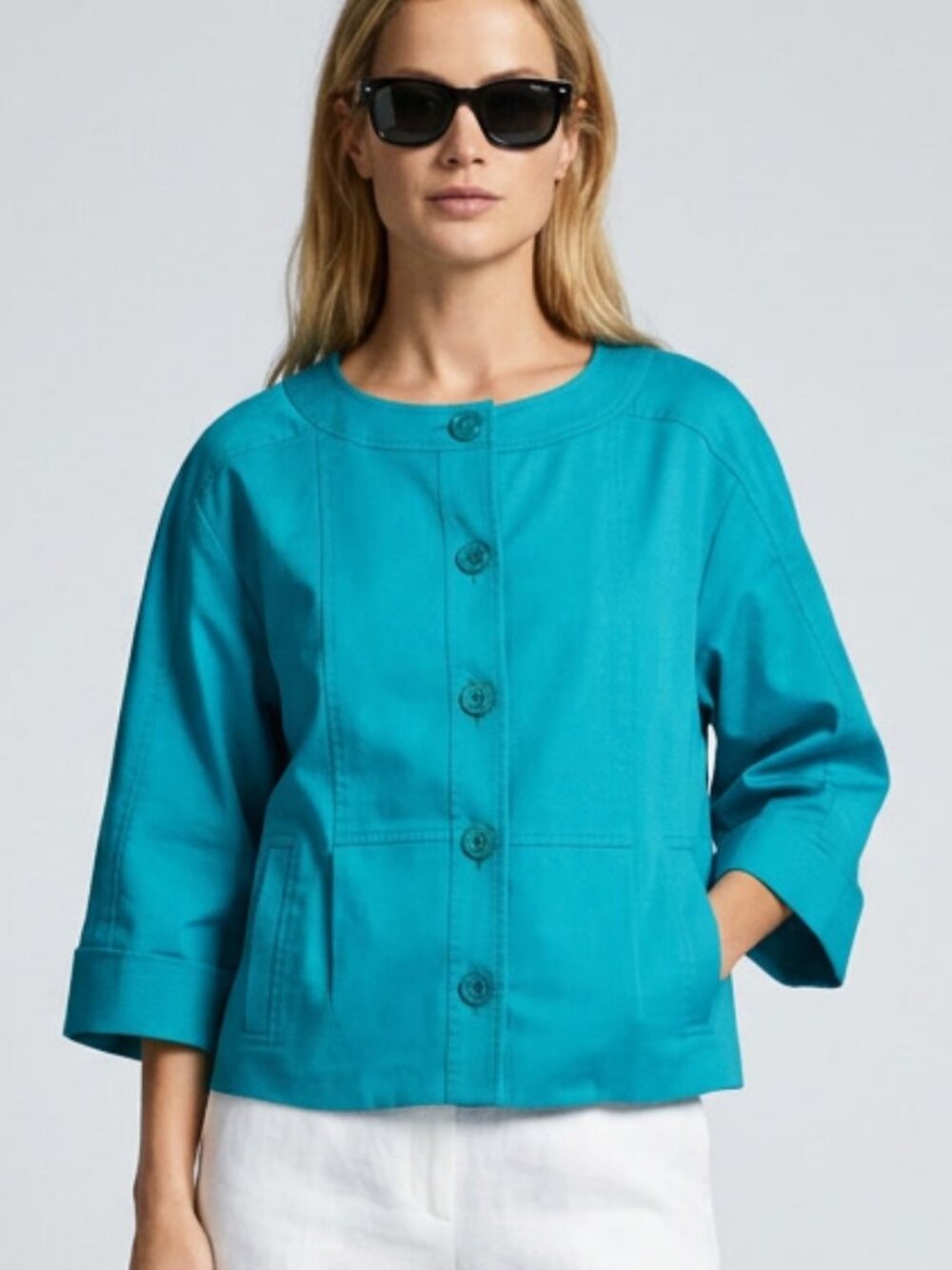 Escada Cotton Collarless Jacket Aqua Blue Size ITA 40 or US L
